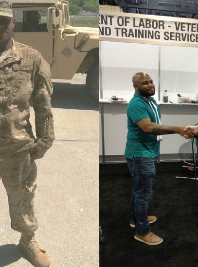 Two photos of Reginald Laurenceau - one in his military uniform, one in civilian clothes, shaking hands with a young man in front of a VETS booth at a job fair.