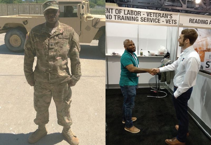 Two photos of Laurenceau: one in uniform, and one in civilian clothing in front of a VETS booth at a job fair